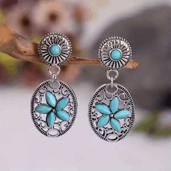 Western Boho Southwest Flower Silver Turquoise Dangle Earrings - Picture 1 of 5